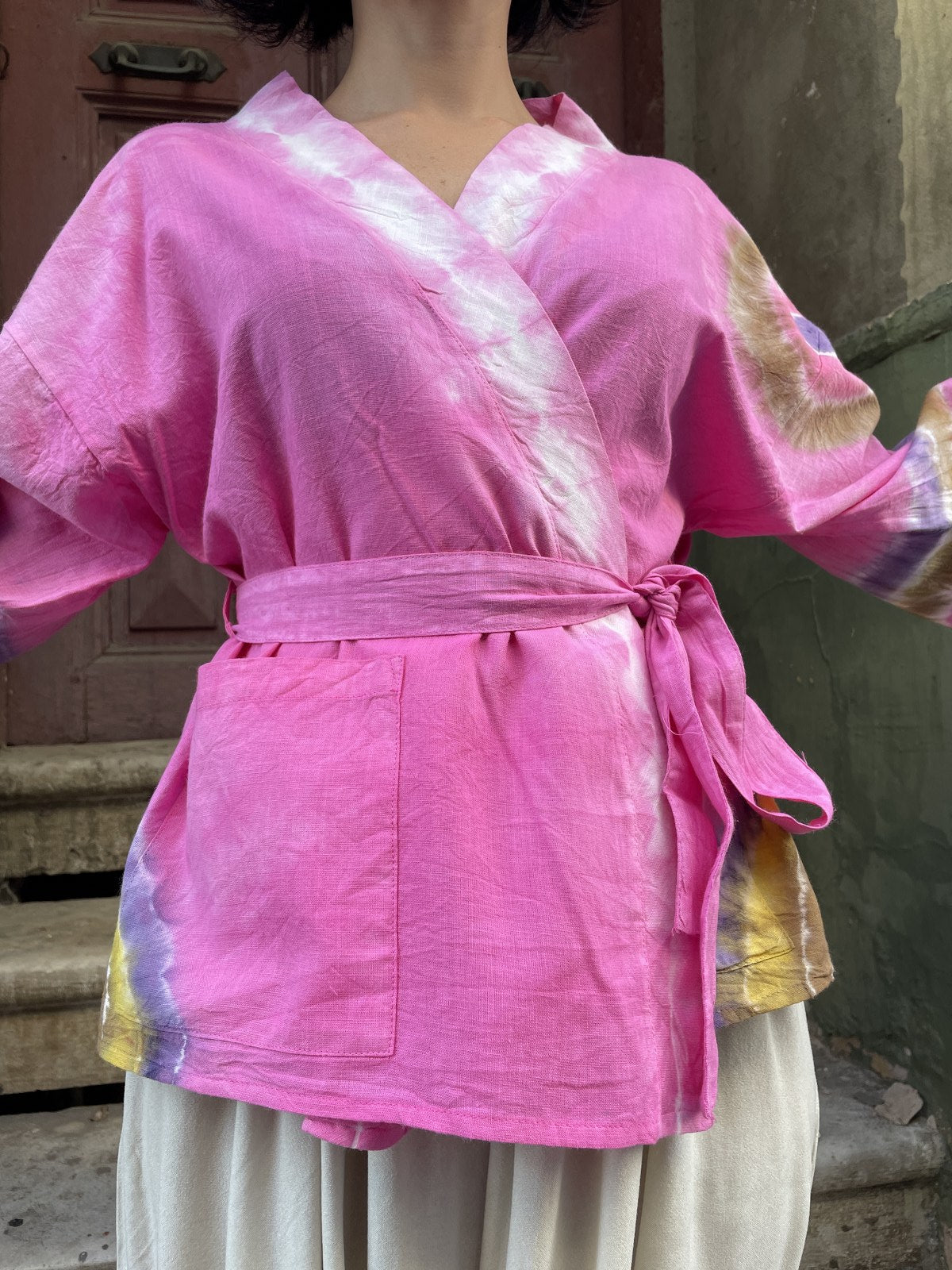 Bohem Doğal Kumaş Pembe Göz Batik Kadın Kimono