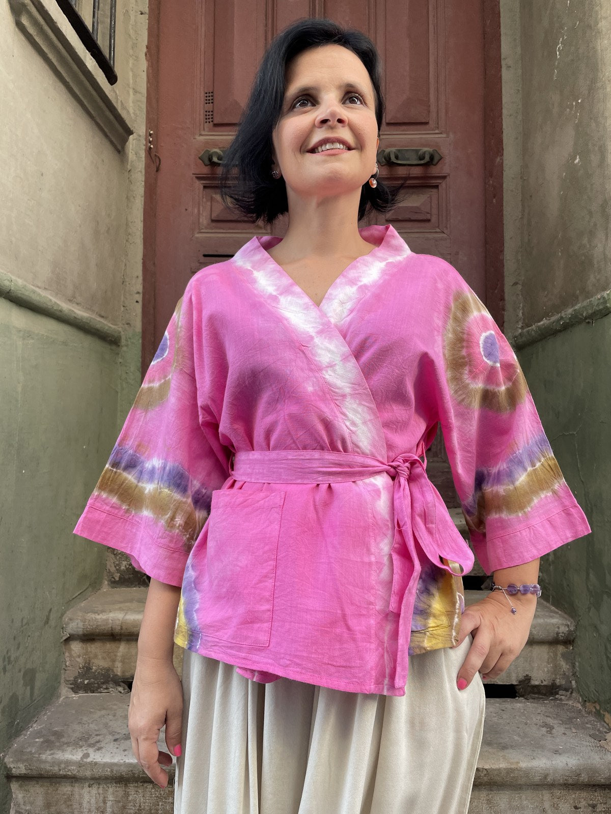 Bohem Doğal Kumaş Pembe Göz Batik Kadın Kimono