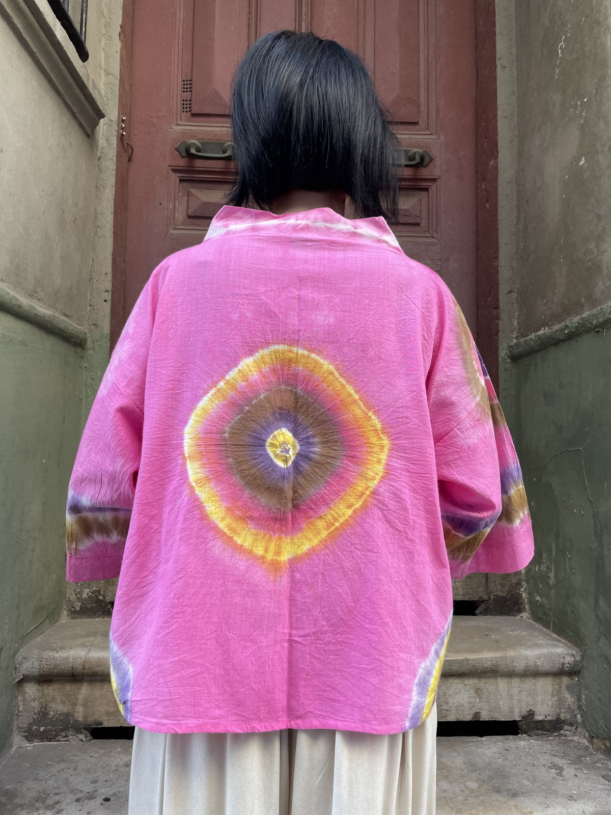 Bohem Doğal Kumaş Pembe Göz Batik Kadın Kimono