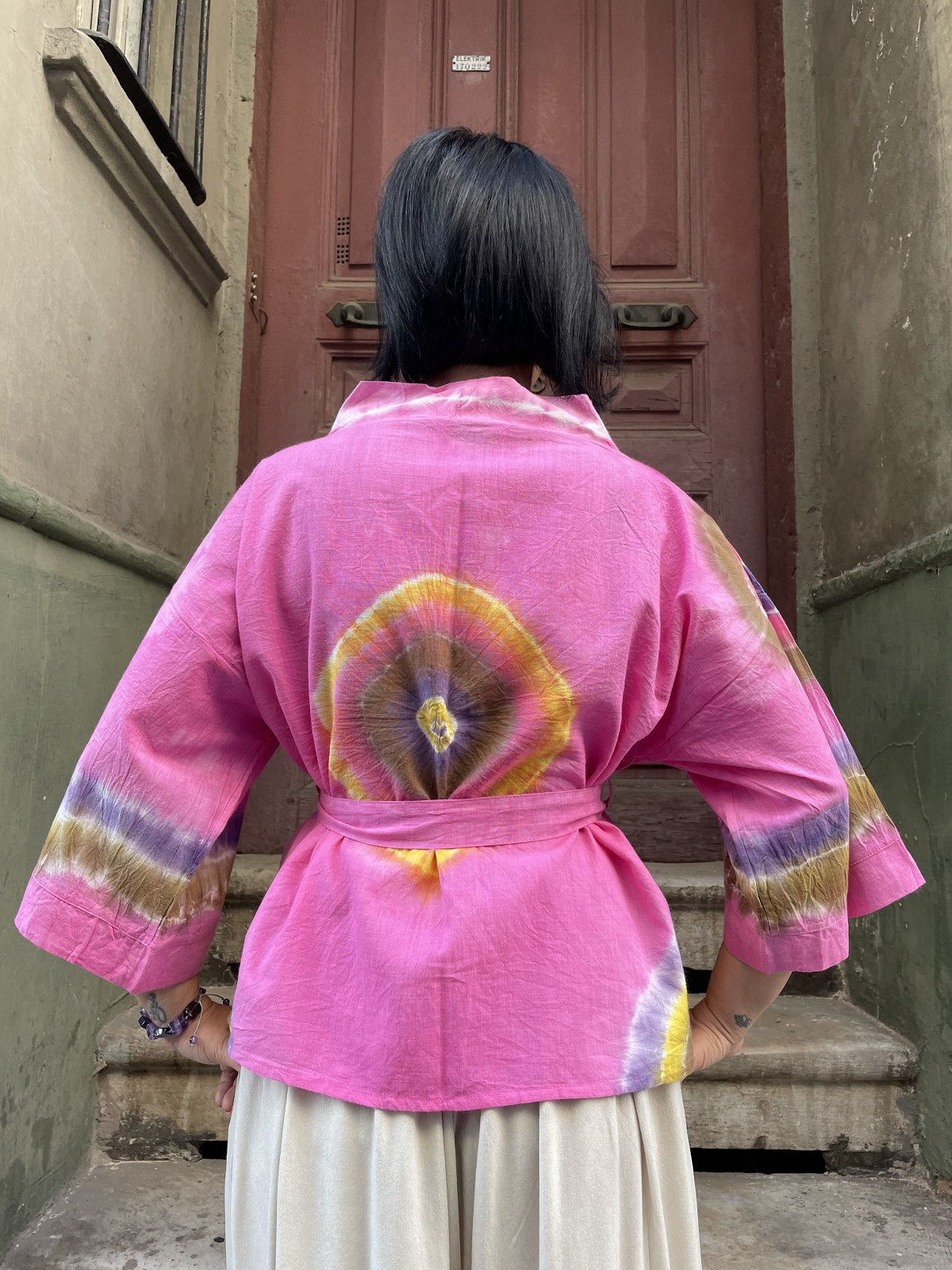 Bohem Doğal Kumaş Pembe Göz Batik Kadın Kimono