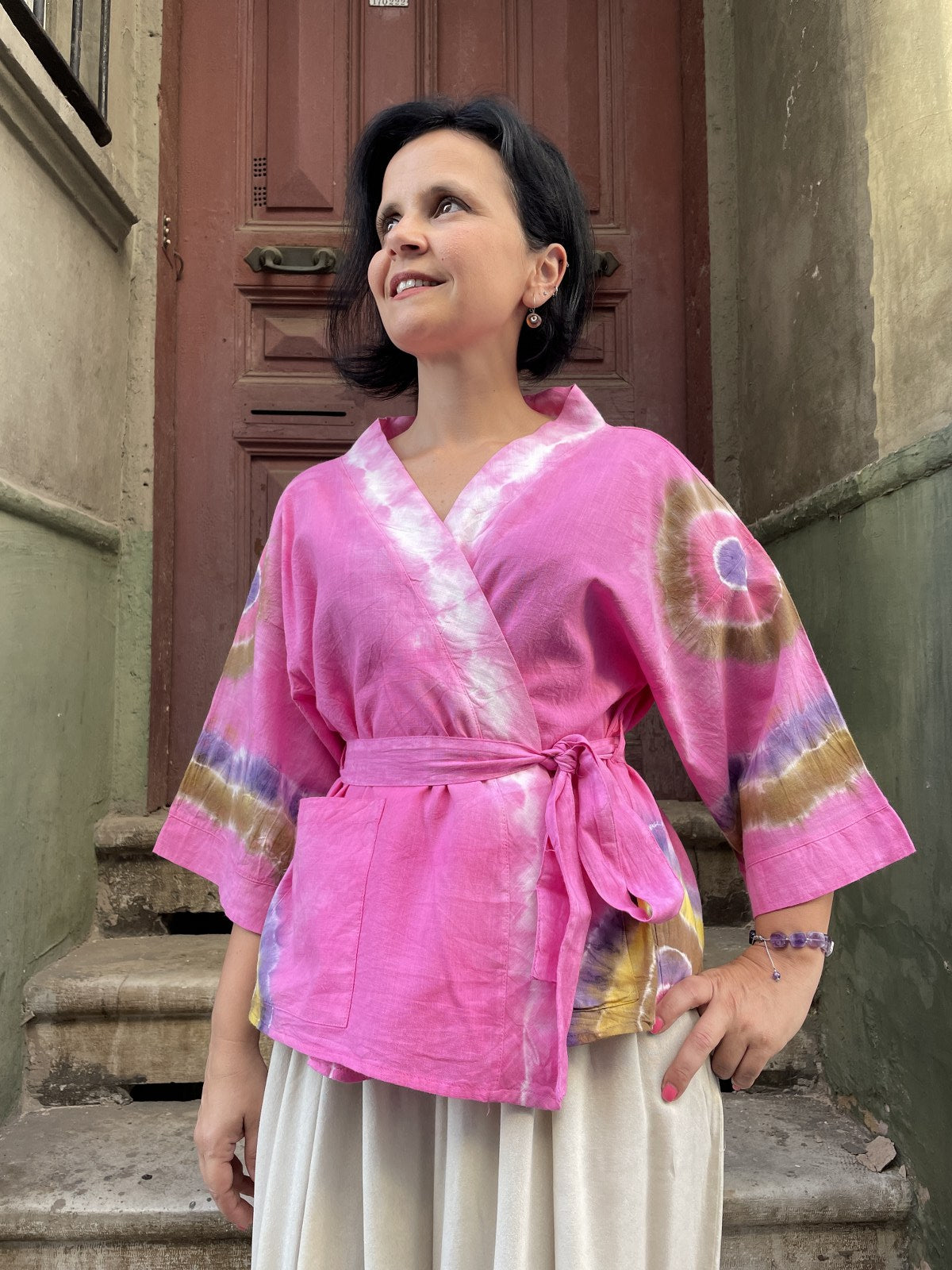 Bohem Doğal Kumaş Pembe Göz Batik Kadın Kimono