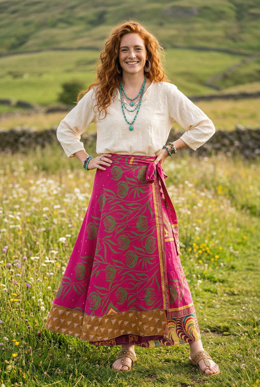 Çift Taraflı Bağlamalı İpek Etek – Pembe Desenli (Nepal)