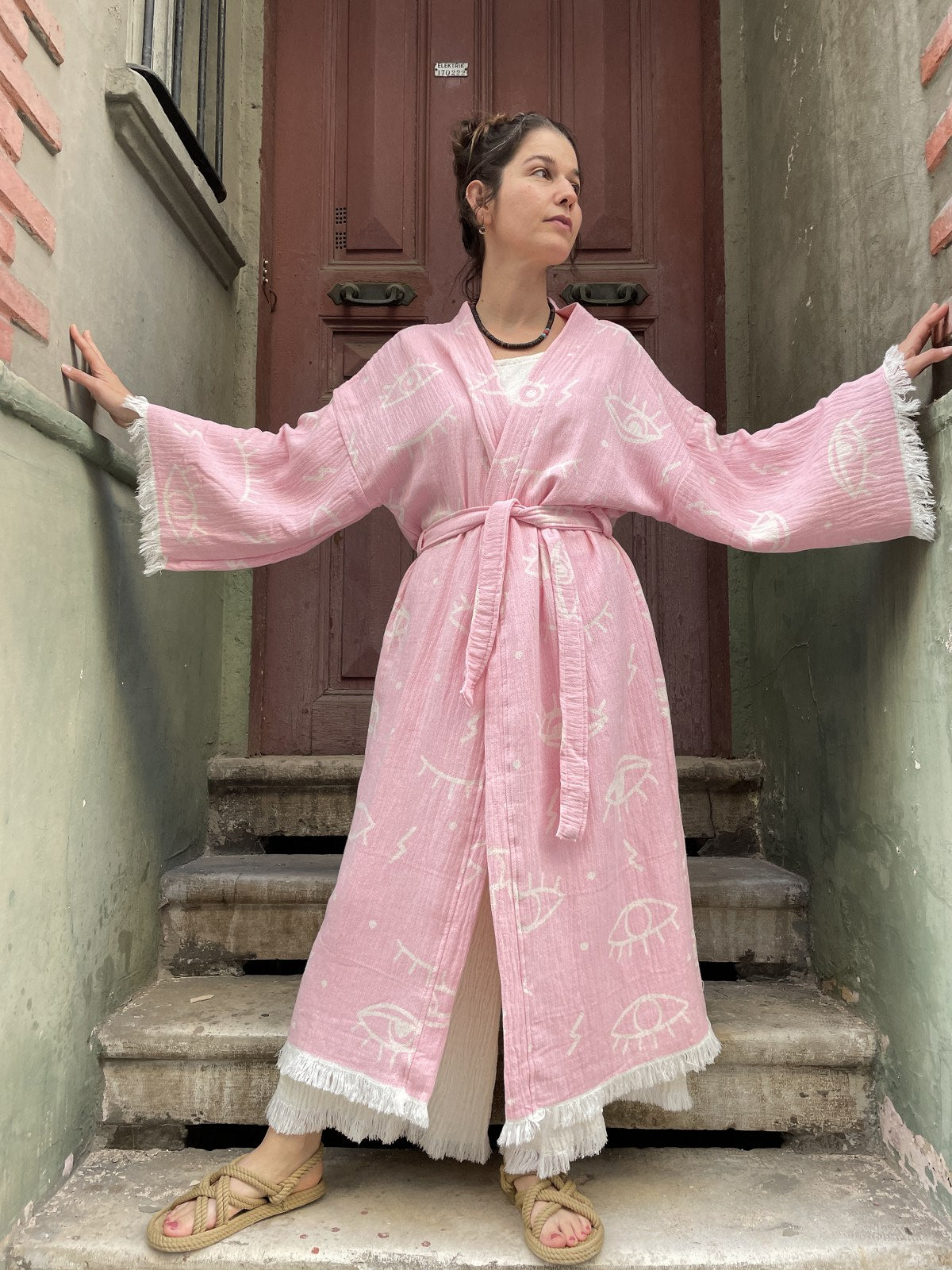 Renkli Kadın Göz Desenli Doğal Kumaş Kimono Bornoz Kaftan