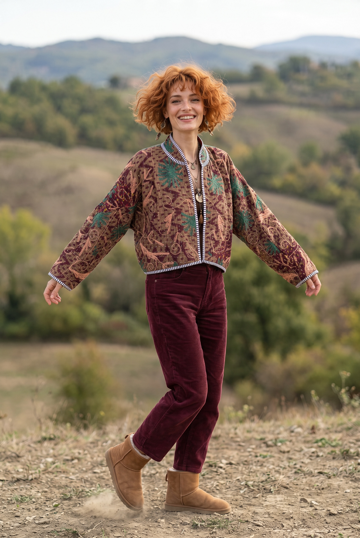 Ruhana Kantha – Çift Taraflı Çiçek Desenli Patchwork Bohem Kadın Ceket