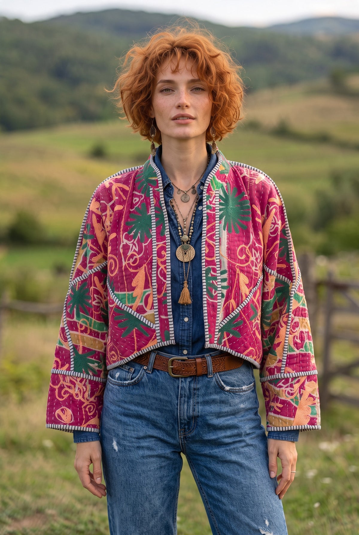 Ruhana Kantha – Çift Taraflı Çiçek Desenli Patchwork Bohem Kadın Ceket