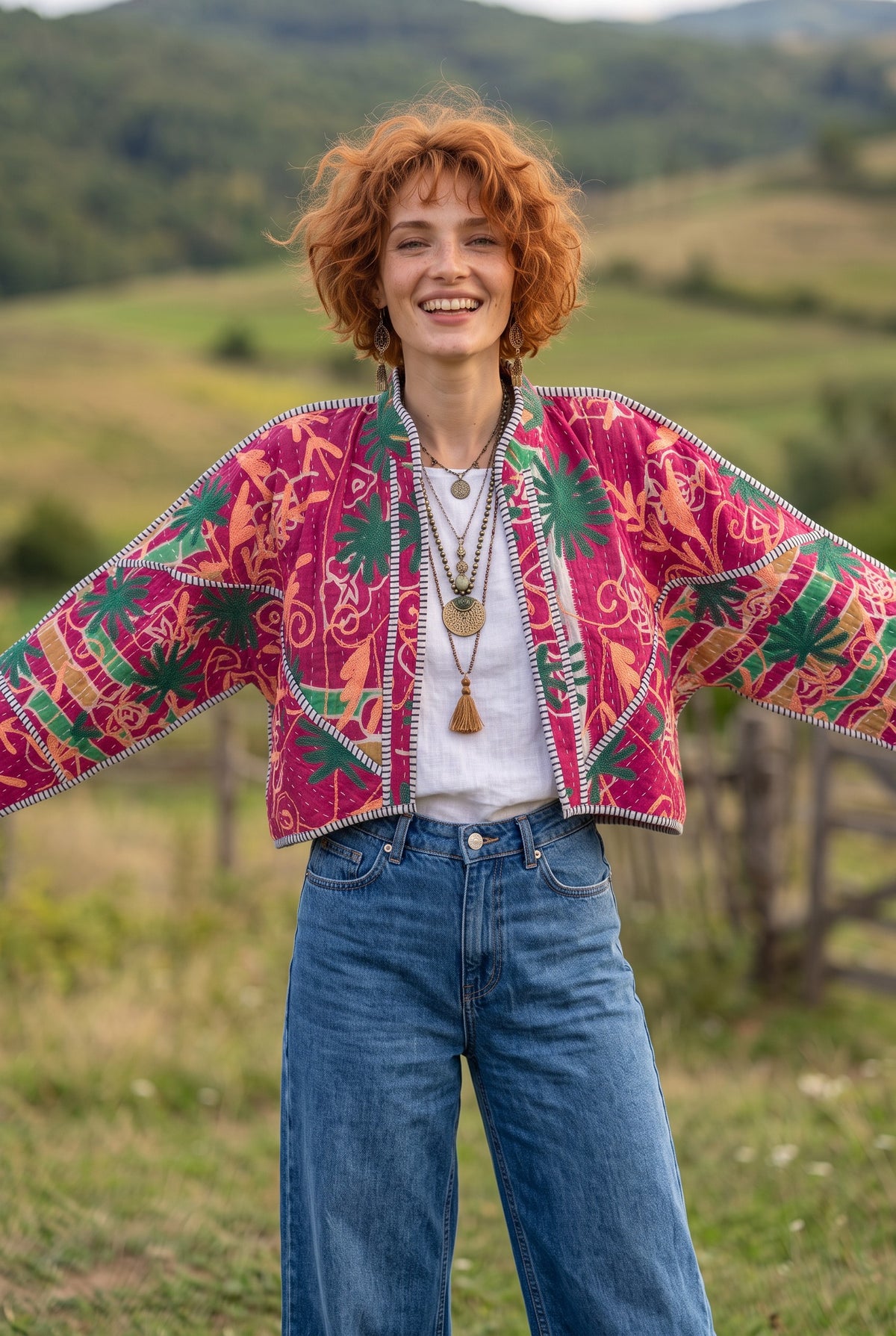 Ruhana Kantha – Çift Taraflı Çiçek Desenli Patchwork Bohem Kadın Ceket