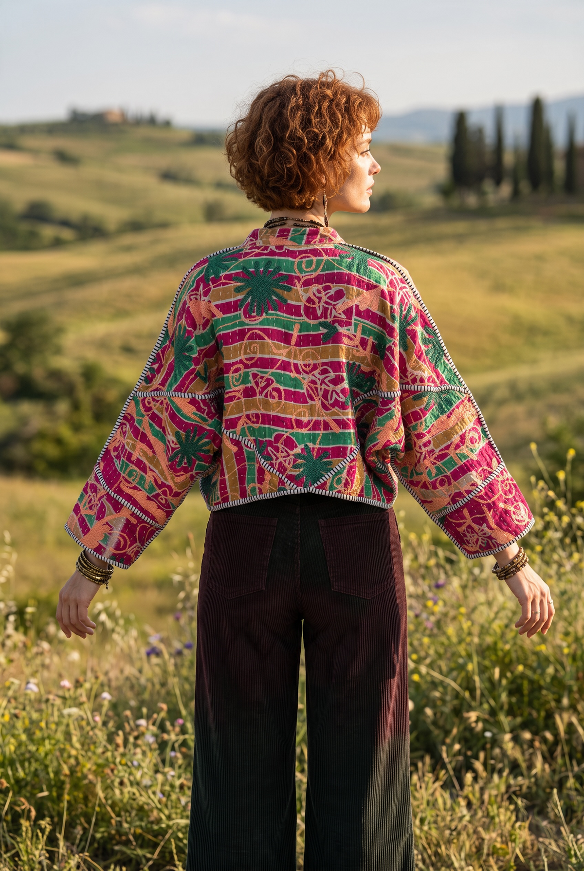 Ruhana Kantha – Çift Taraflı Çiçek Desenli Patchwork Bohem Kadın Ceket