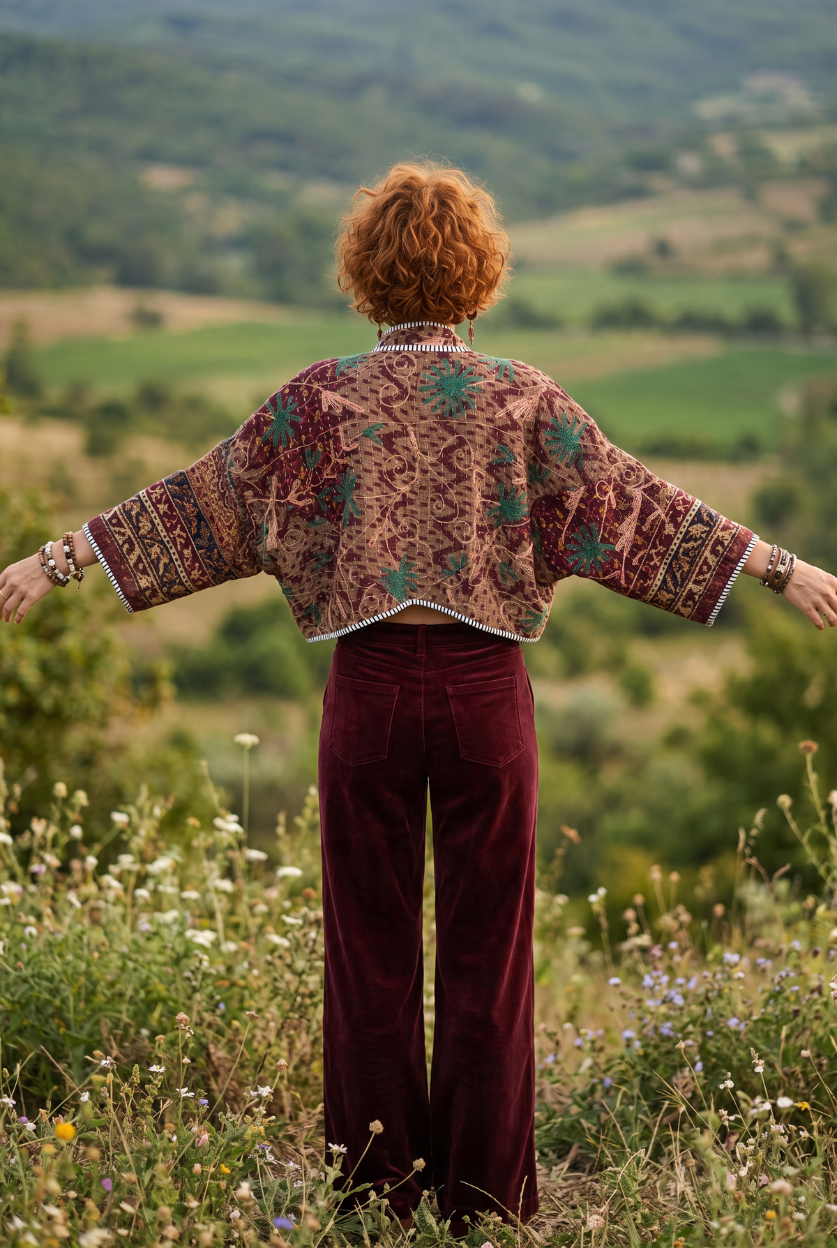 Ruhana Kantha – Çift Taraflı Çiçek Desenli Patchwork Bohem Kadın Ceket