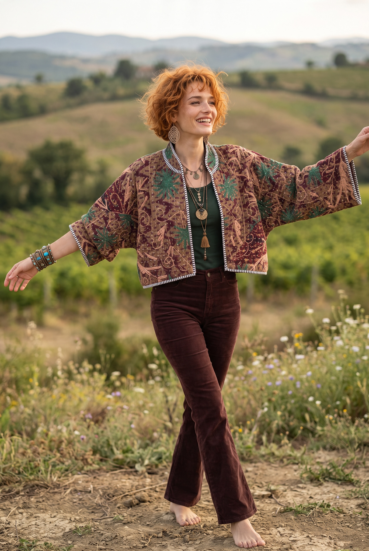 Ruhana Kantha – Çift Taraflı Çiçek Desenli Patchwork Bohem Kadın Ceket