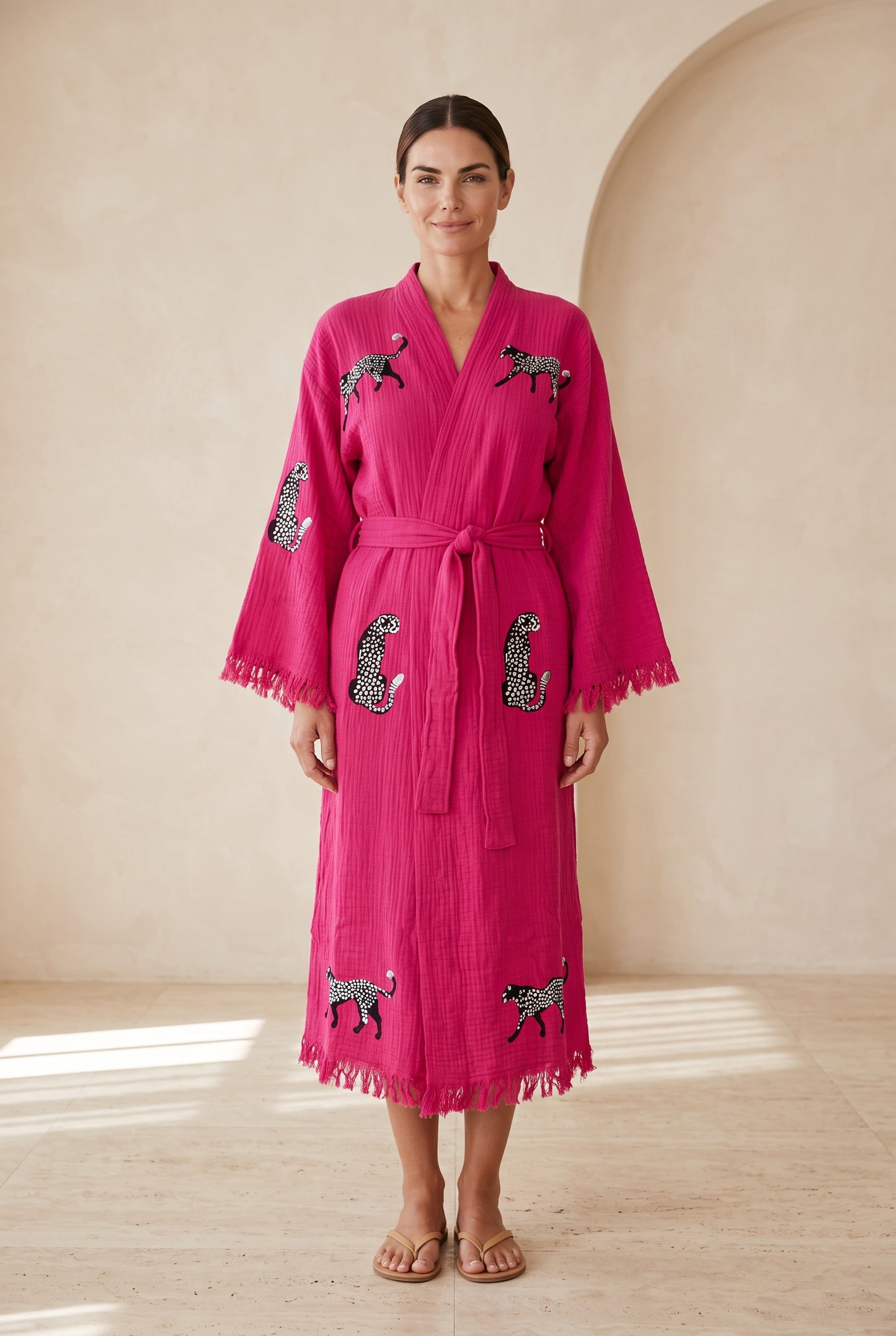 Sahara Leopar Desenli Müslin Kimono Kaftan – Pembe