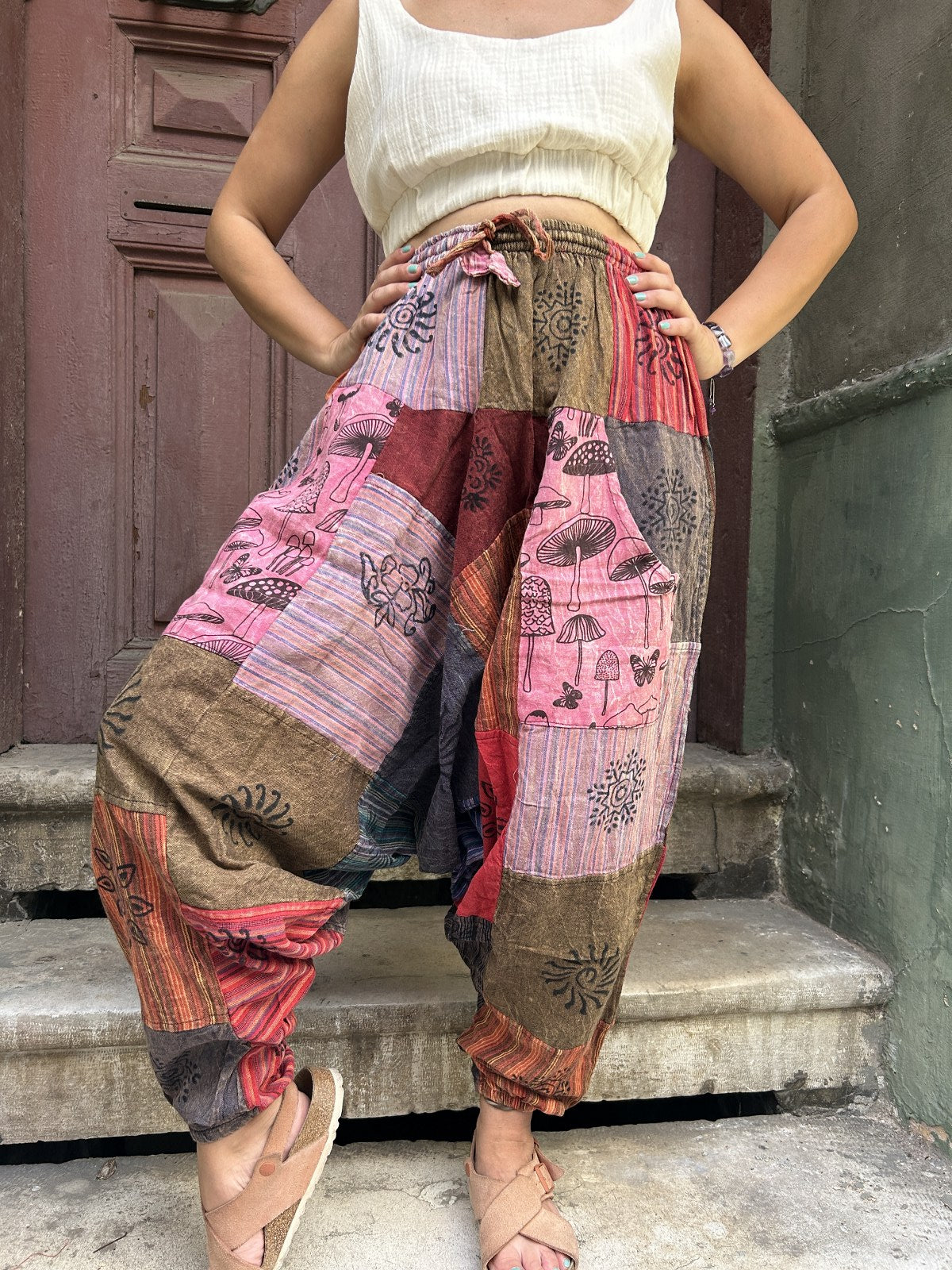 Unisex Nepal Patchwork Mantar Pembe Kadın Pantolon Şalvar