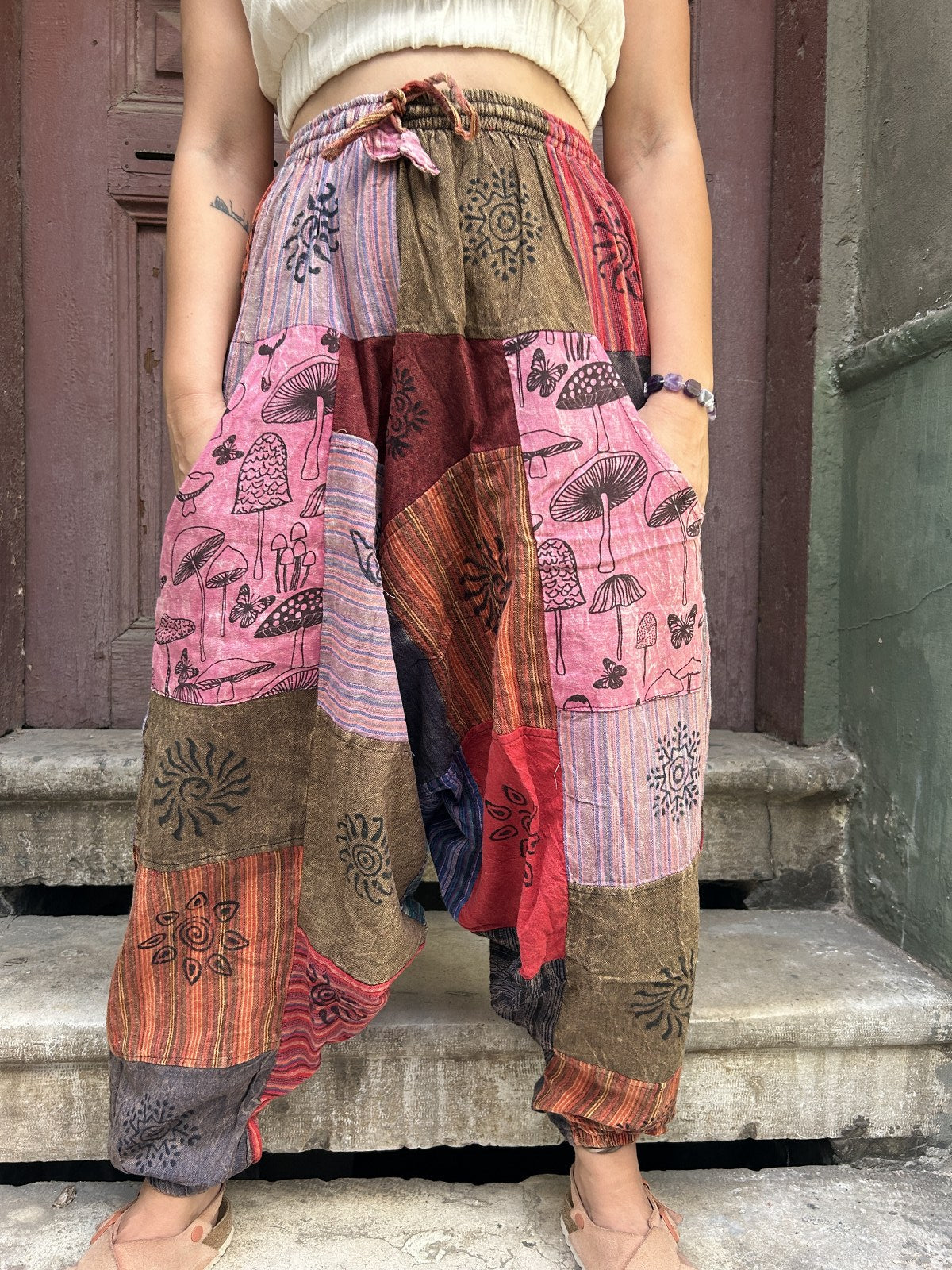 Unisex Nepal Patchwork Mantar Pembe Kadın Pantolon Şalvar