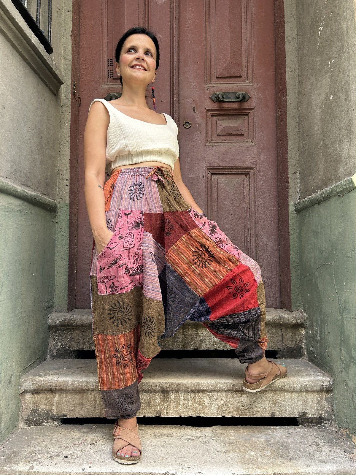 Unisex Nepal Patchwork Mantar Pembe Kadın Pantolon Şalvar