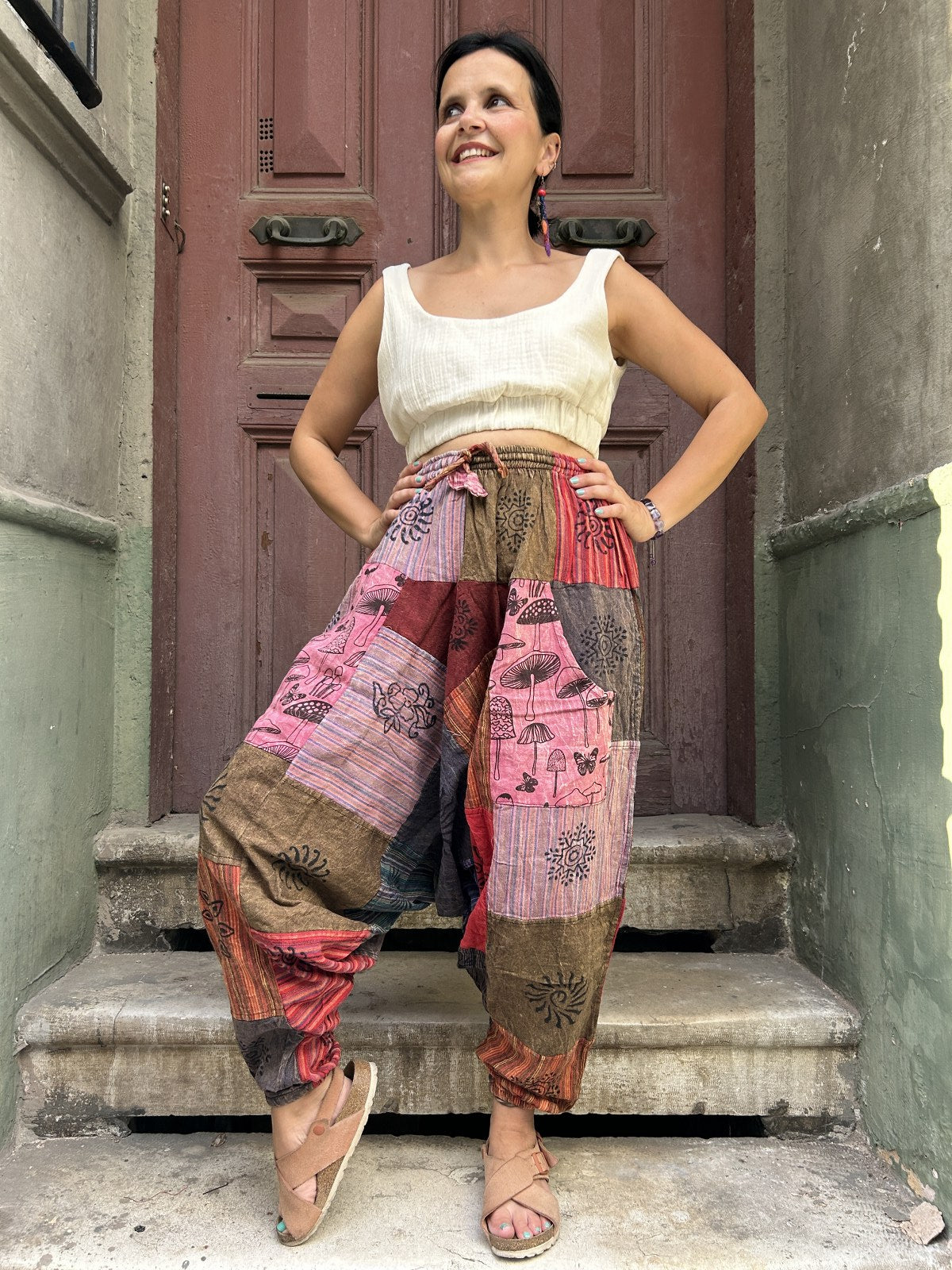 Unisex Nepal Patchwork Mantar Pembe Kadın Pantolon Şalvar