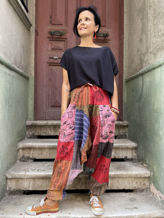 Nepal Patchwork Turuncu Çizgili Çiçek Kadın Pantolon