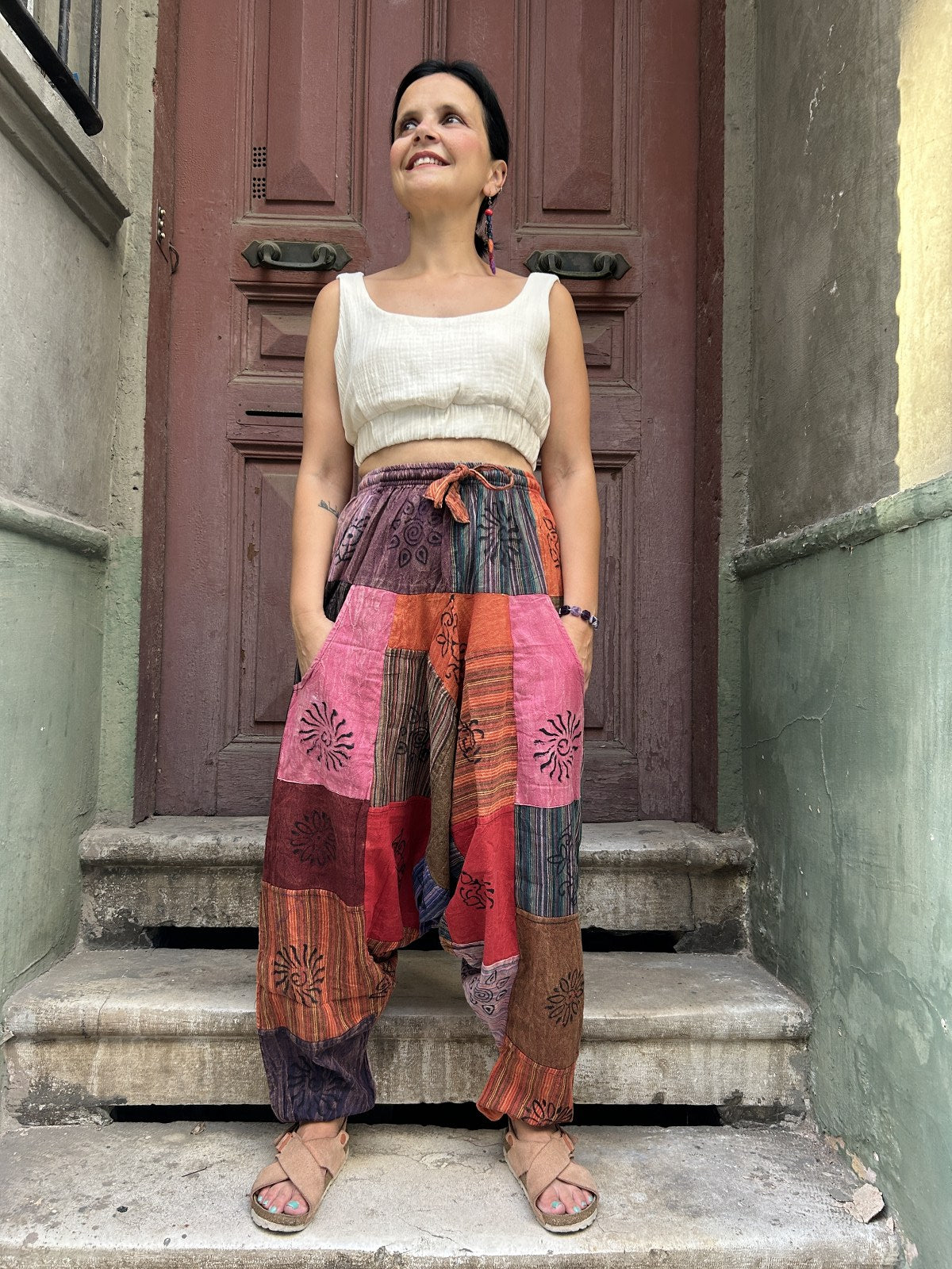 Unisex Nepal Patchwork Pembe Kadın Pantolon Şalvar