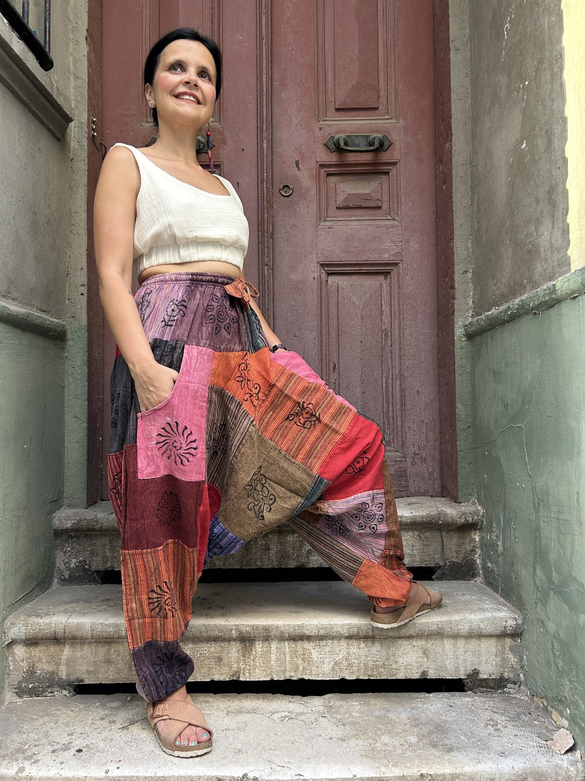 Unisex Nepal Patchwork Pembe Kadın Pantolon Şalvar