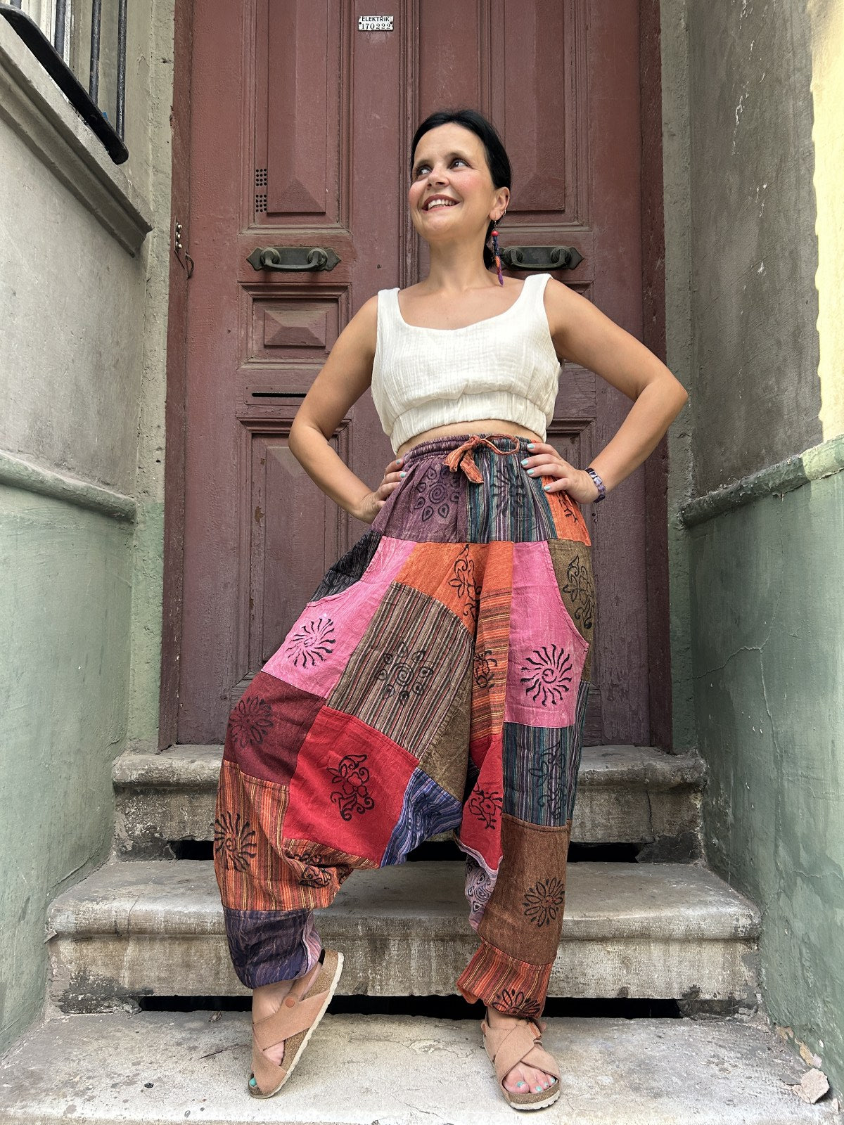 Unisex Nepal Patchwork Pembe Kadın Pantolon Şalvar