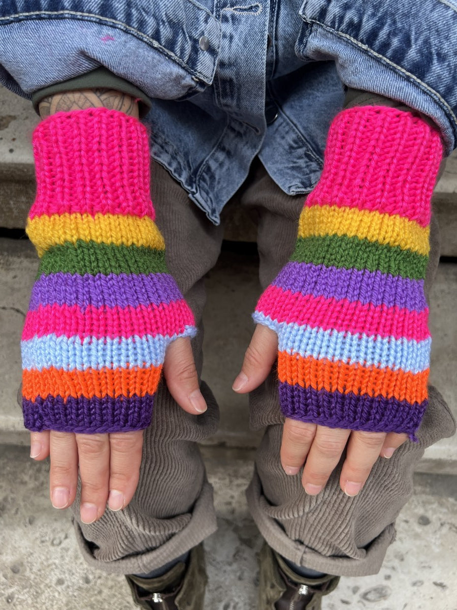 Gökkuşağı Renkli El Örgüsü Bere & Parmak Açık Eldiven Seti