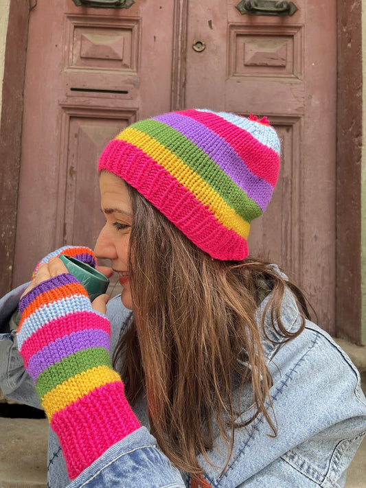 Gökkuşağı Renkli El Örgüsü Bere & Parmak Açık Eldiven Seti