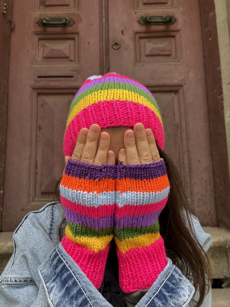 Gökkuşağı Renkli El Örgüsü Bere & Parmak Açık Eldiven Seti