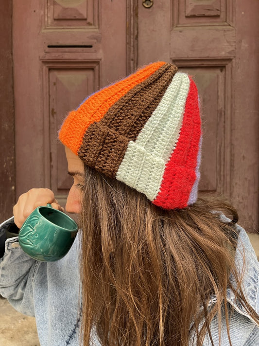 Bohem Patchwork El Örgüsü Bere – Renkli Çizgili - Kahve Turuncu Bej