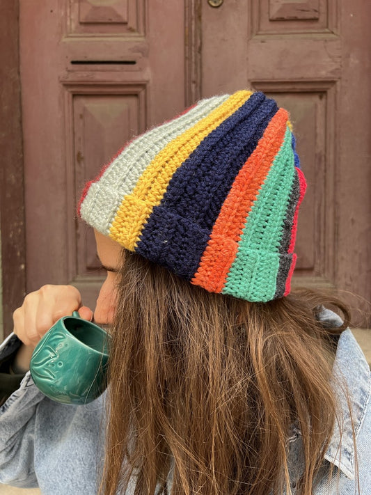 Bohem Patchwork El Örgüsü Bere – Renkli Çizgili - Sarı Laci Turuncu