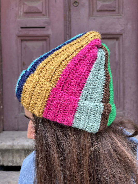 Bohem Patchwork El Örgüsü Bere – Renkli Çizgili - Pembe Sarı Yeşil