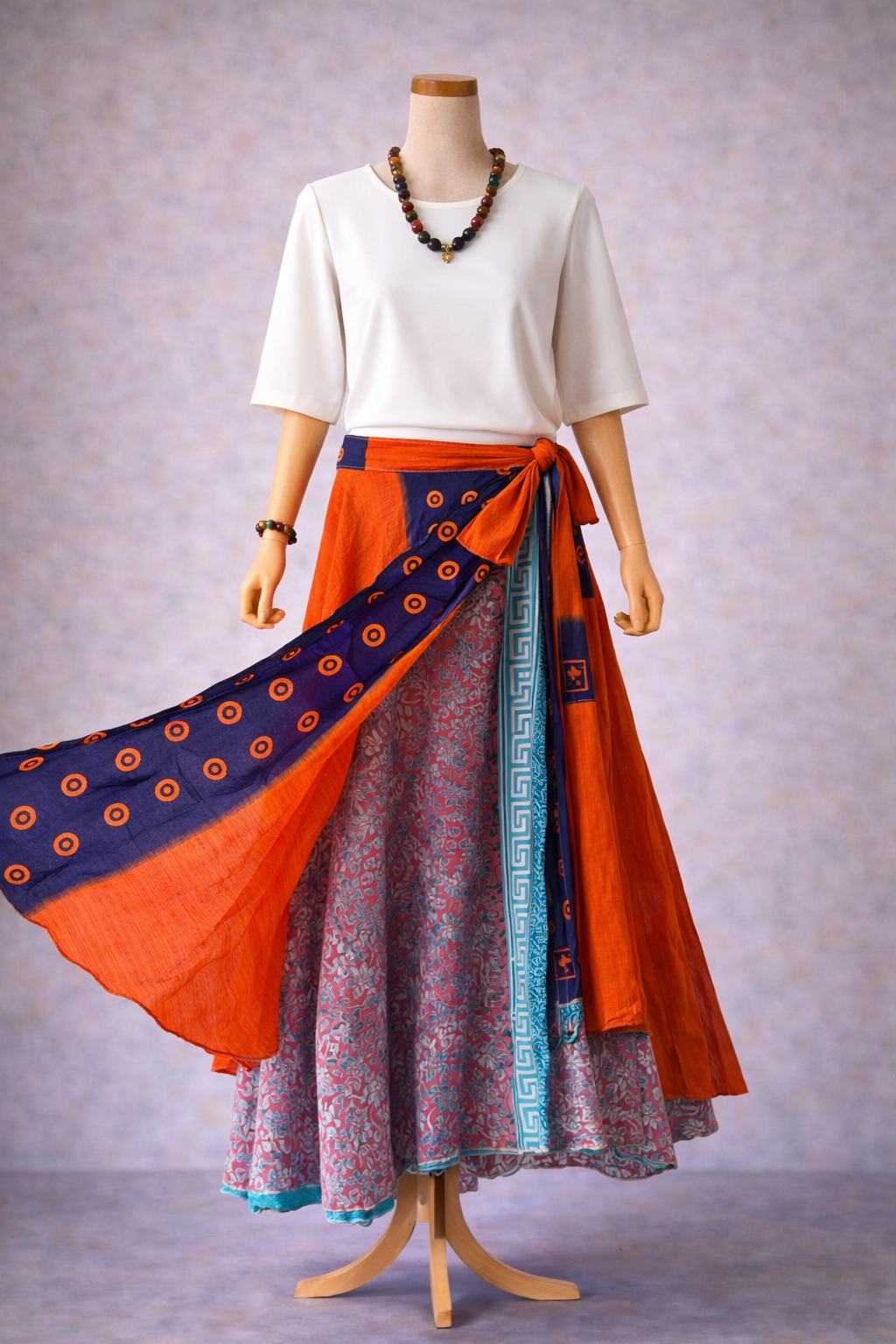 Çift Taraflı Bağlamalı İpek Etek – Turuncu Laci Desenli (Nepal)