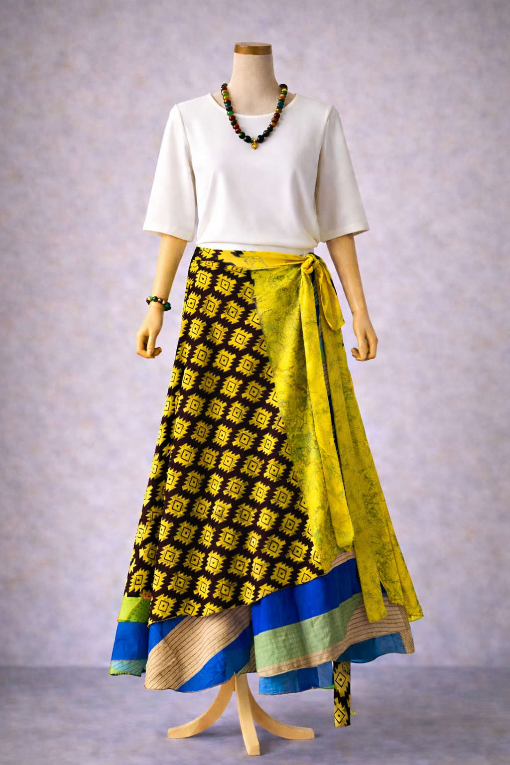 Çift Taraflı Bağlamalı İpek Etek – Kahve Sarı Yeşil (Nepal)