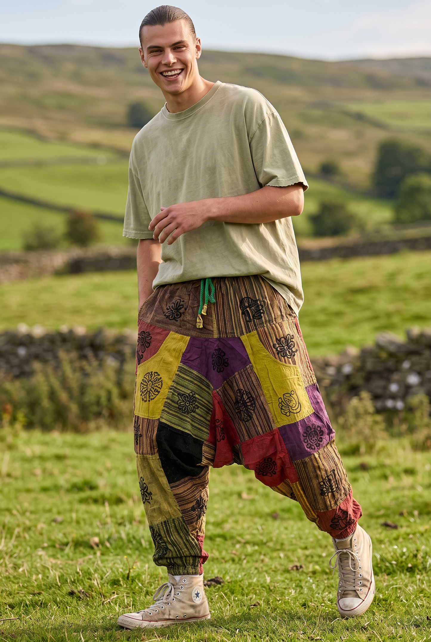 Unisex Nepal Patchwork Şalvar Pantolon – Sarı Yeşil, Salaş Tasarım