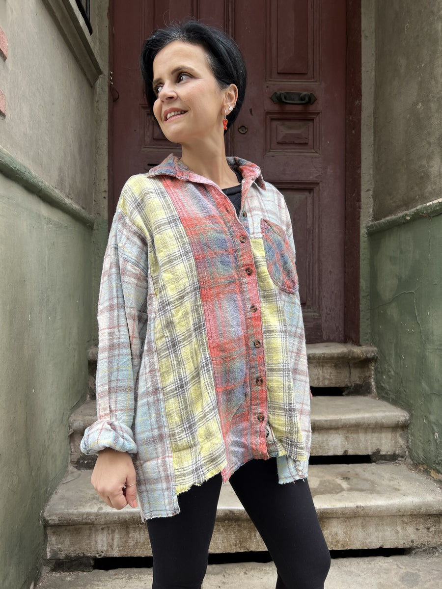 Kadın Patchwork Oversize Oduncu Gömlek – %100 Pamuk, Soft Renkli