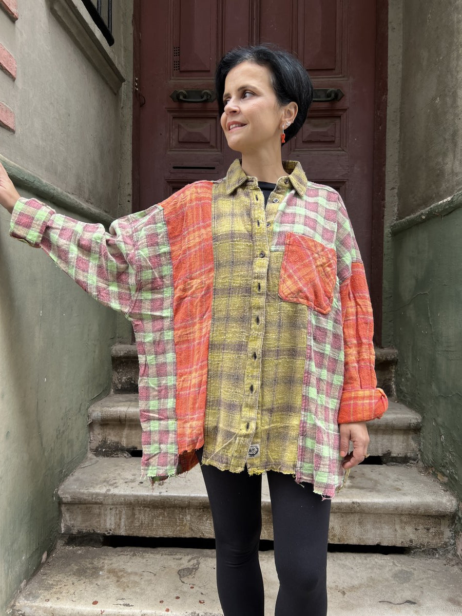 Kadın Patchwork Oversize Oduncu Gömlek