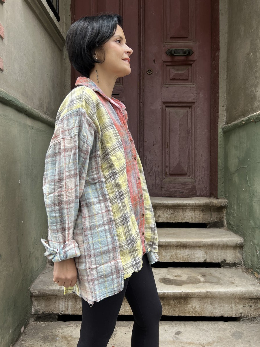 Kadın Patchwork Oversize Oduncu Gömlek