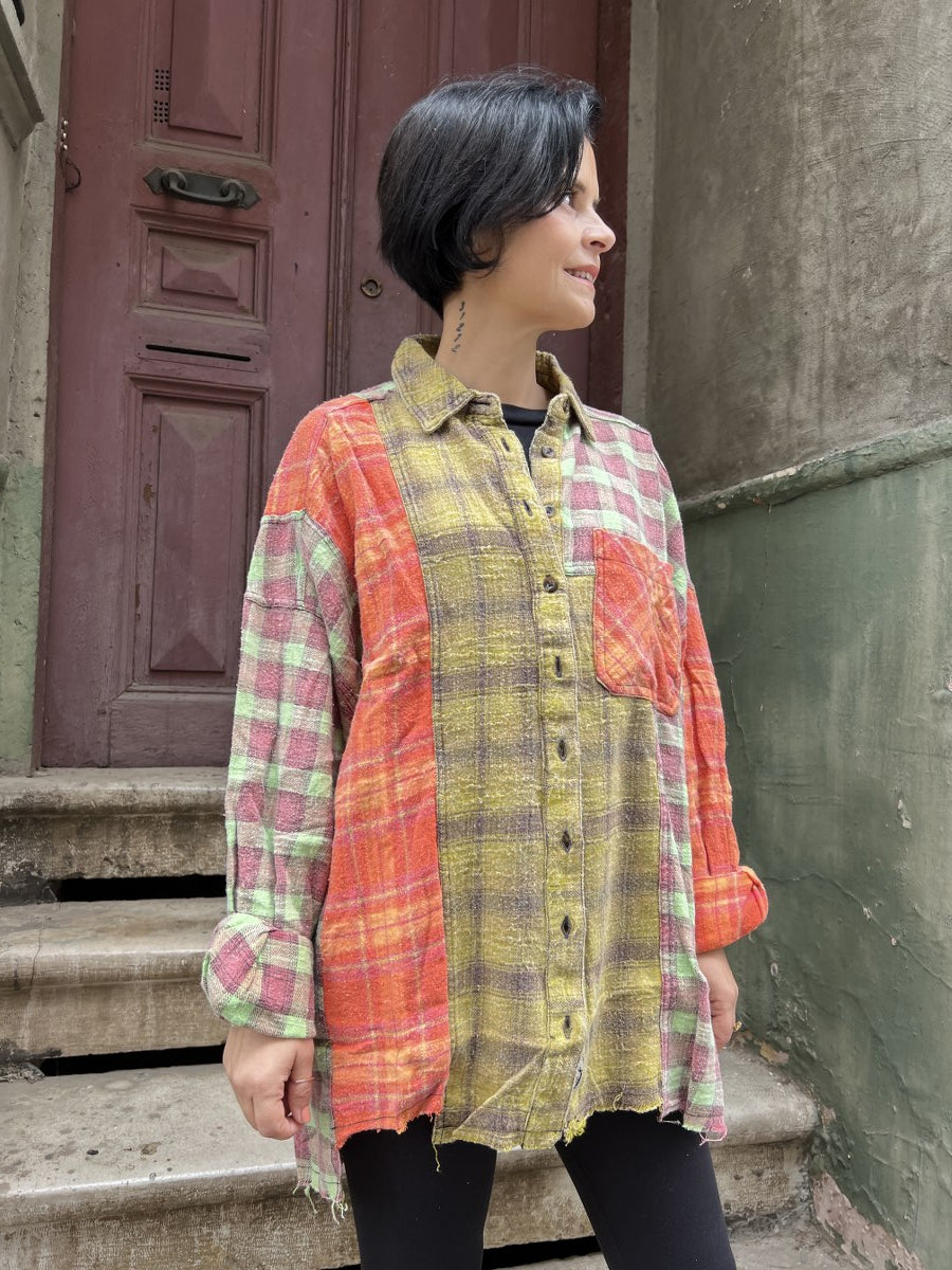 Kadın Patchwork Oversize Oduncu Gömlek