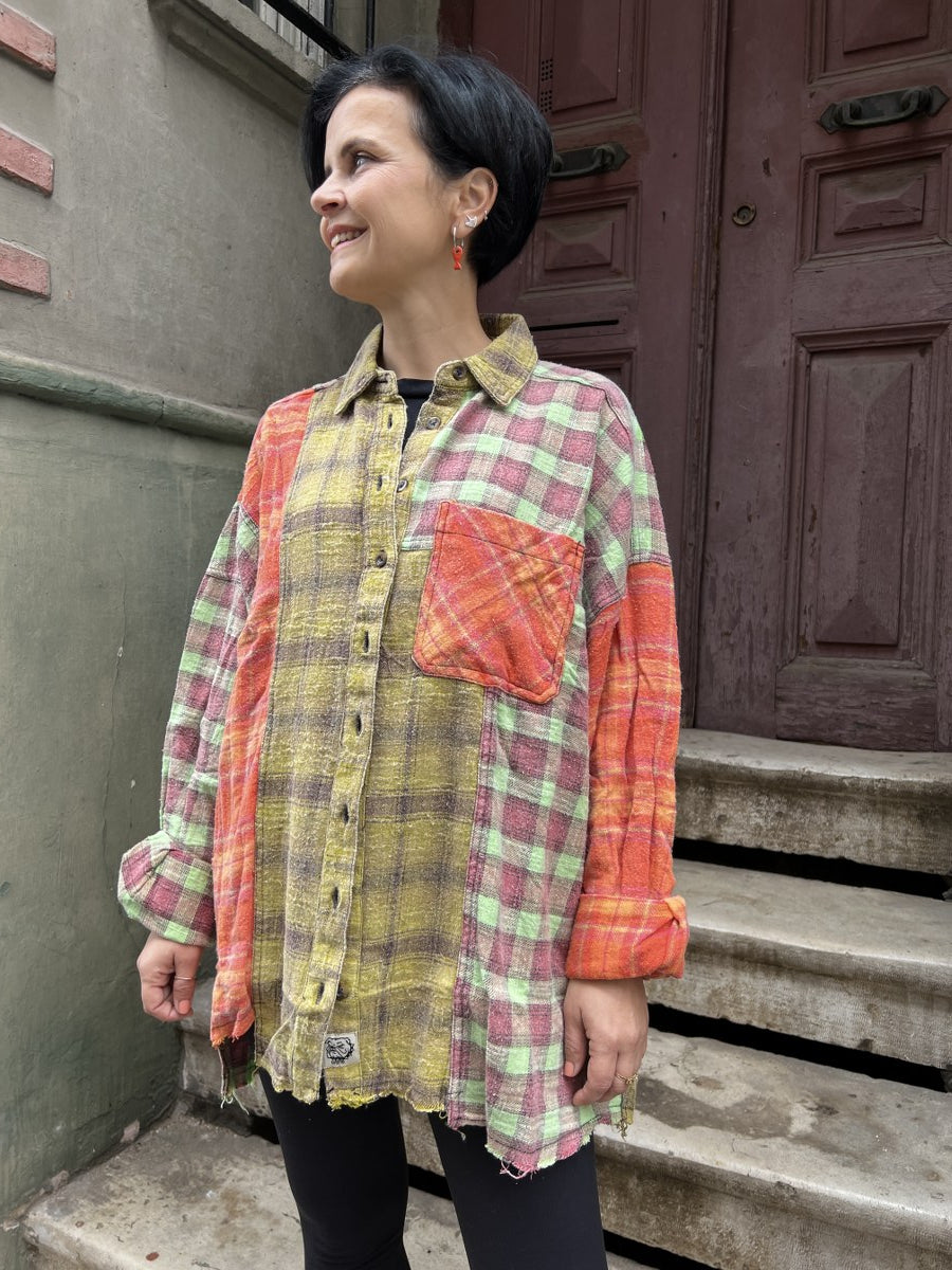 Kadın Patchwork Oversize Oduncu Gömlek – %100 Pamuk, Turuncu Yeşil