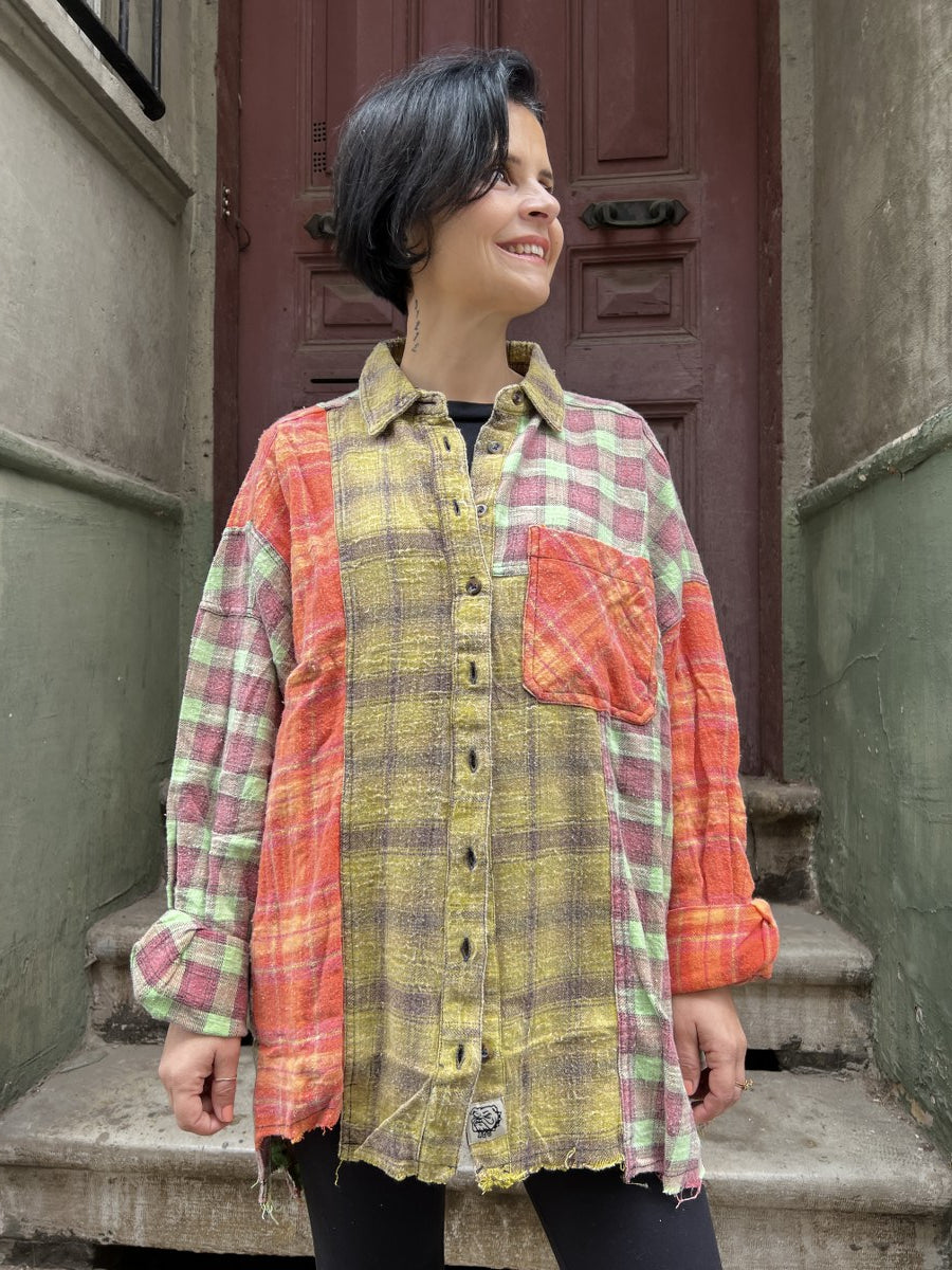 Kadın Patchwork Oversize Oduncu Gömlek