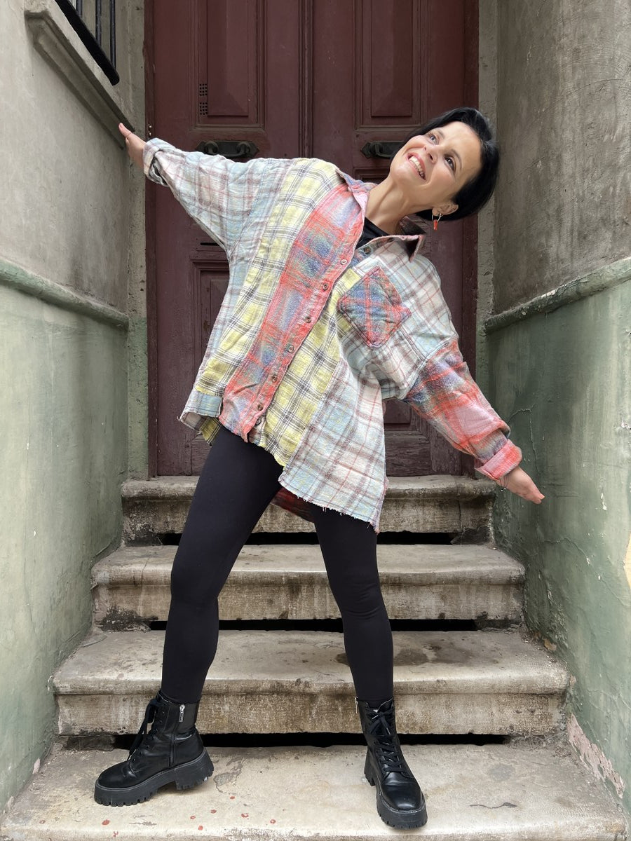 Kadın Patchwork Oversize Oduncu Gömlek