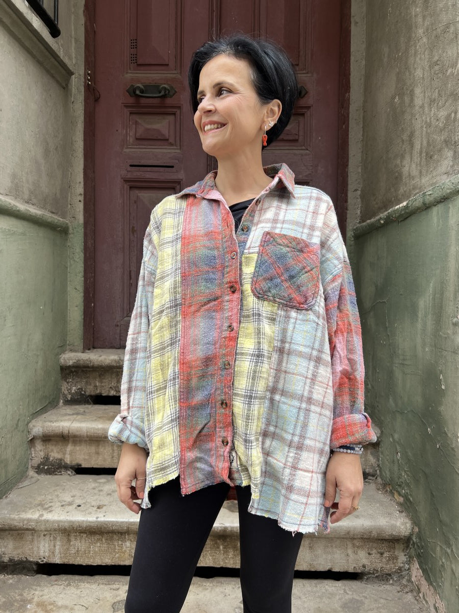 Kadın Patchwork Oversize Oduncu Gömlek