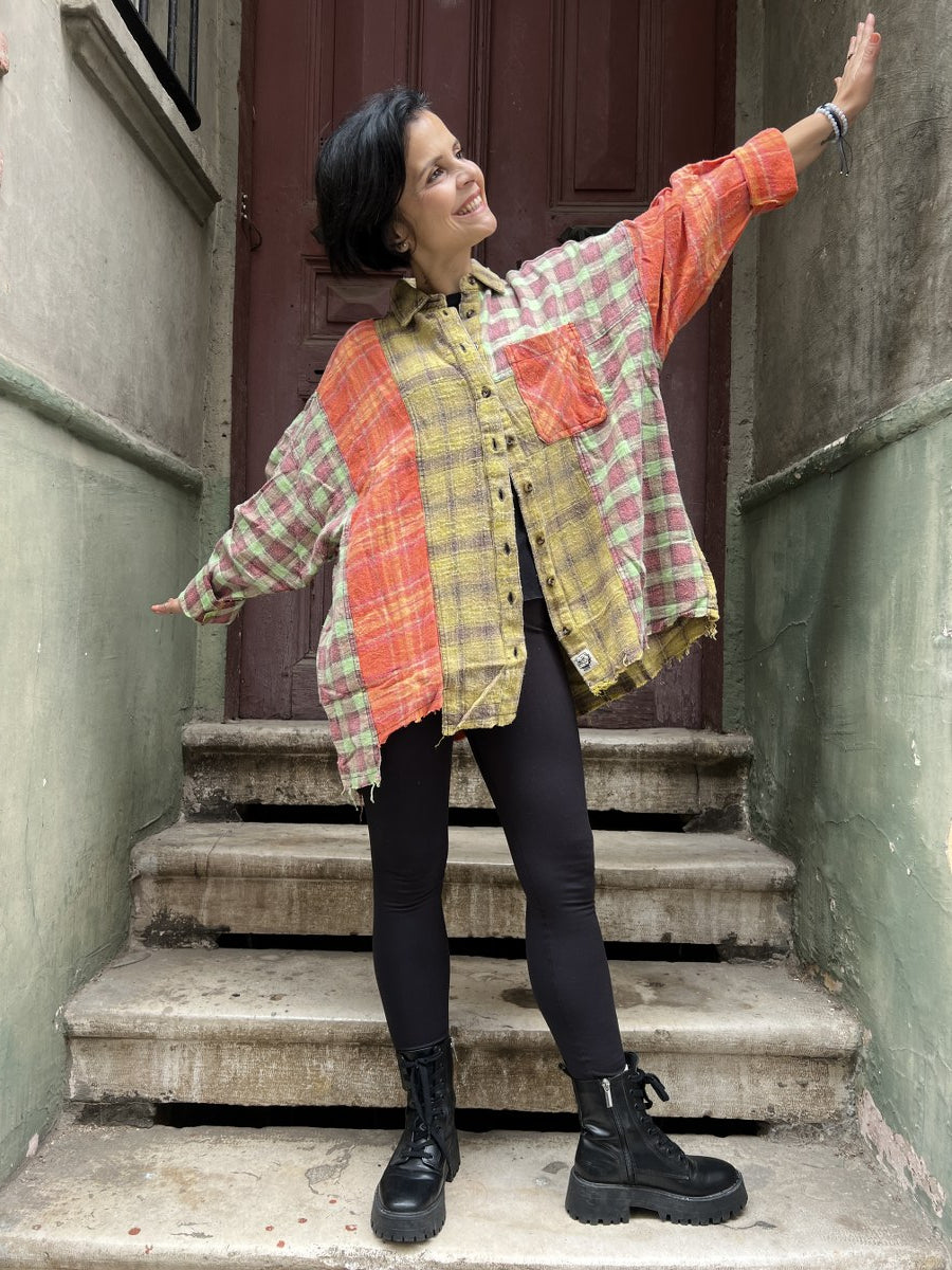 Kadın Patchwork Oversize Oduncu Gömlek
