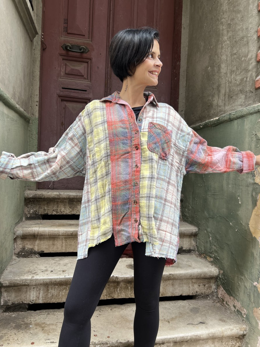 Kadın Patchwork Oversize Oduncu Gömlek