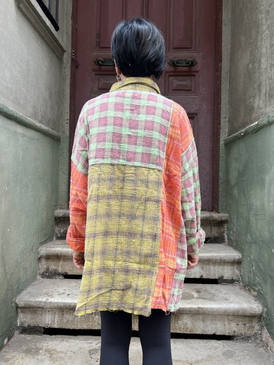 Kadın Patchwork Oversize Oduncu Gömlek – %100 Pamuk, Turuncu Yeşil