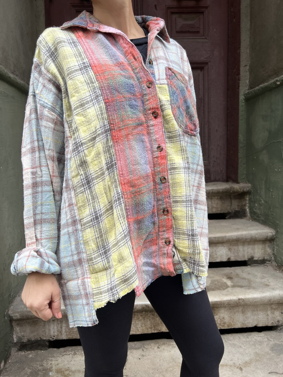 Kadın Patchwork Oversize Oduncu Gömlek – %100 Pamuk, Soft Renkli