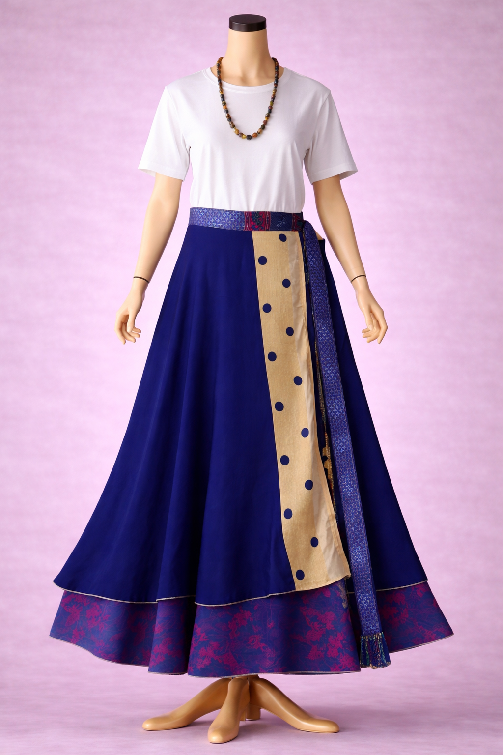 Çift Taraflı Bağlamalı İpek Etek – Saks Mavi Desenli (Nepal)