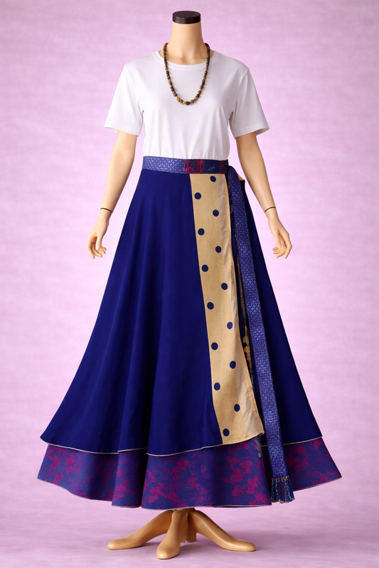 Çift Taraflı Bağlamalı İpek Etek – Saks Mavi Desenli (Nepal)