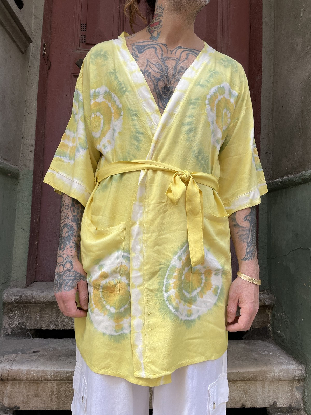 Unisex Bohem Sarı Batik Tasarım Erkek Kimono Ceket