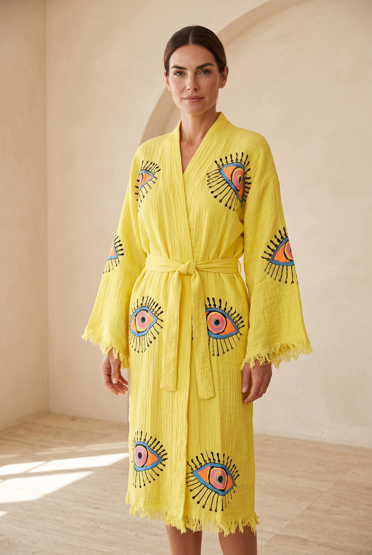 Göz Desenli Müslin Kimono Kaftan – Sarı