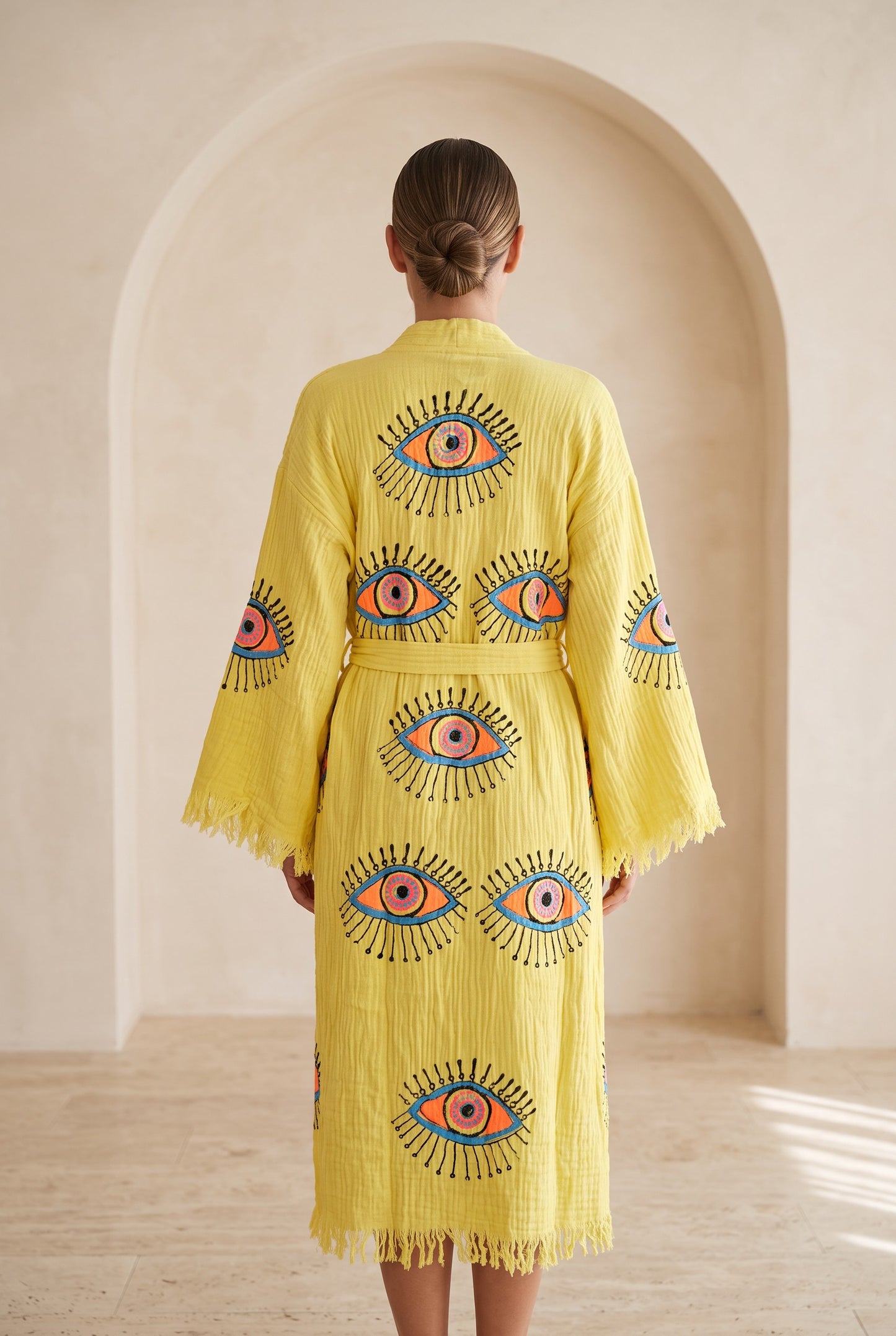 Göz Desenli Müslin Kimono Kaftan – Sarı