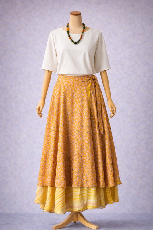 Çift Taraflı Bağlamalı İpek Etek – Sarı Desenli (Nepal)