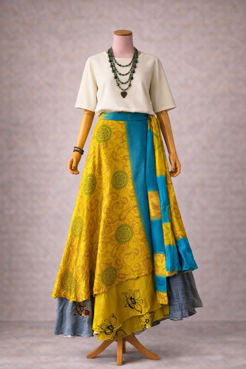 Sarı Mavi Kelebek Desenli – Çift Taraflı İpek Etek